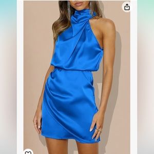 NWT pretty garden,  blue, satin sleeveless,mock neck,mini  dress M